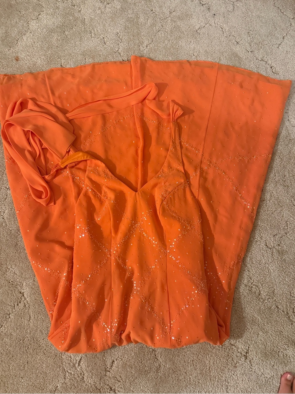 vintage orange prom dress with a neck tie